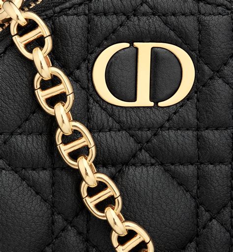 Dior Caro Round Pouch with Chain Black Supple Cannage Calfskin